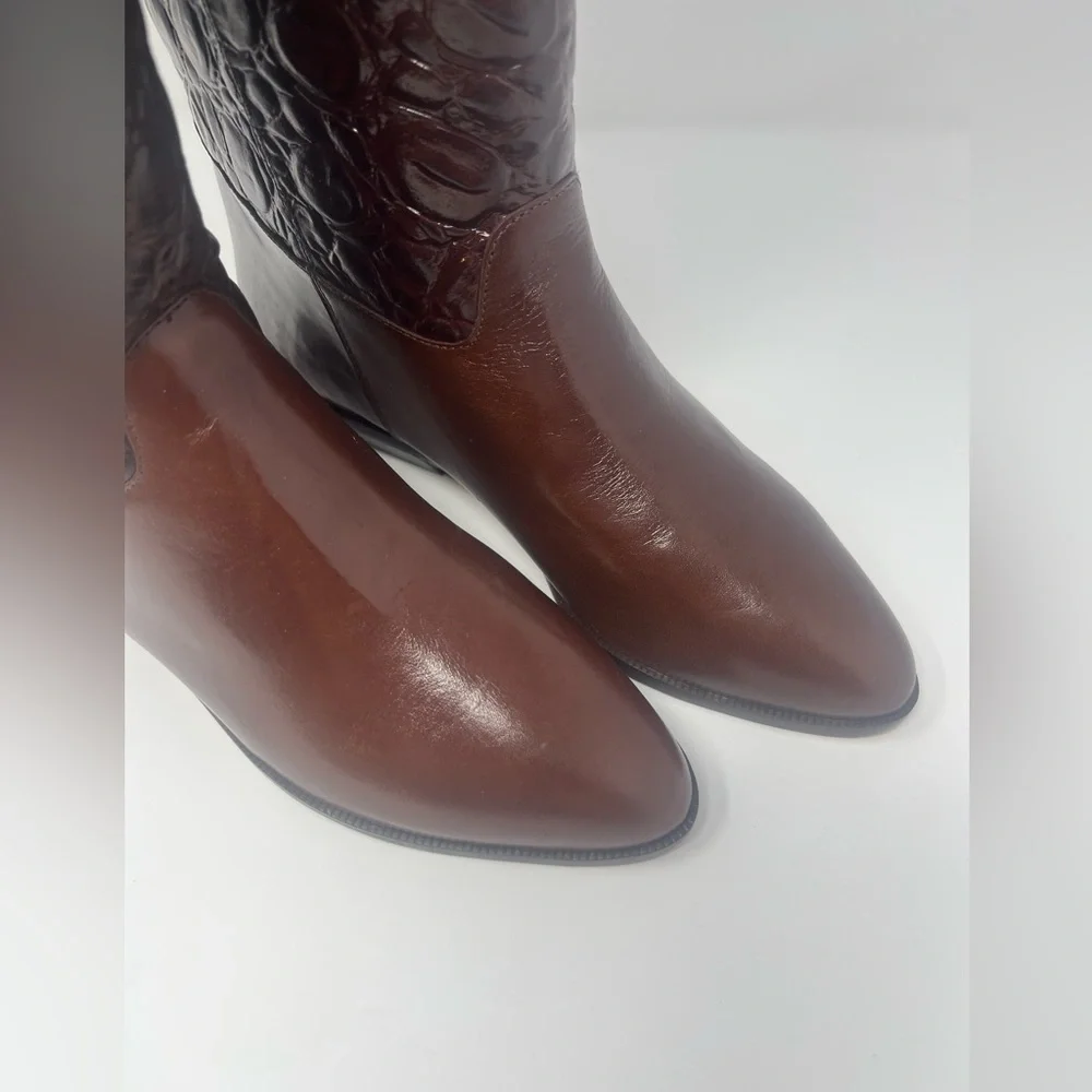 9 West Nine West Margot Dk Cognac Brown Sz 7.5 Leather Riding Boots Textured NEW